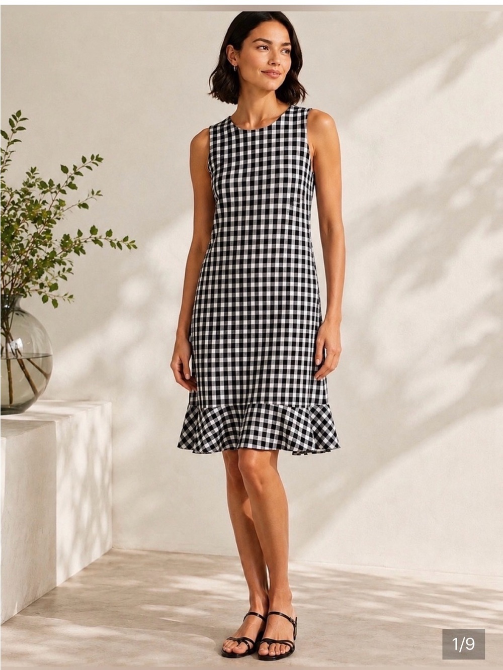 Ann Taylor Black and White Gingham Ruffle-Hem Midi Dress